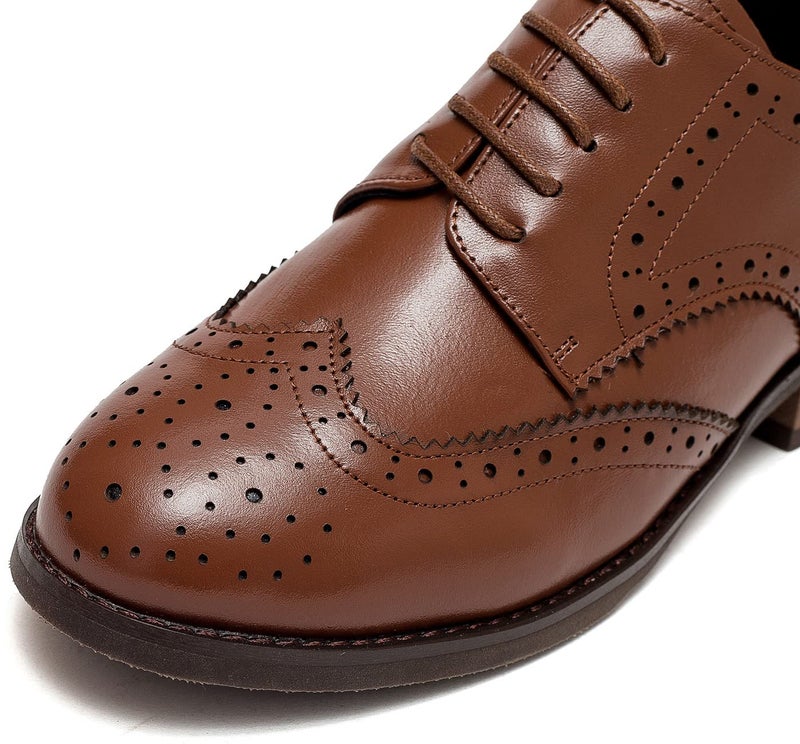 U-lite Women's Brown Perforated Lace-up Wingtip Leather Flat Oxfords Vintage Oxford Shoe BR 7 - Image 2